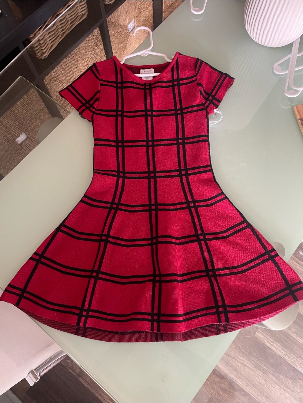 Tahari Red and Black Plaid Fit-and-Flare Girls Dress Christmas